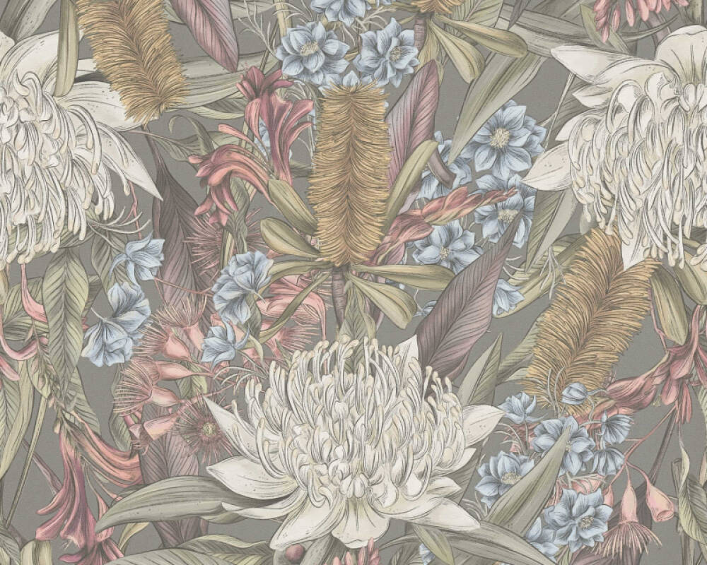 Vliesové tapety viacfarebné kvety a listy na šedom pozadí, 39428-3 Drawn into Nature